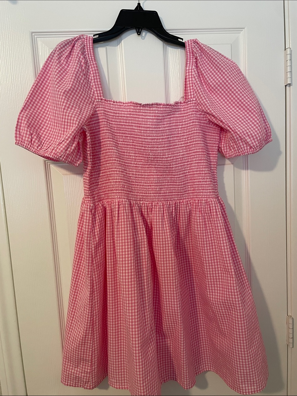 French Connection Pink Gingham Smocked Puff-Sleeve Dress